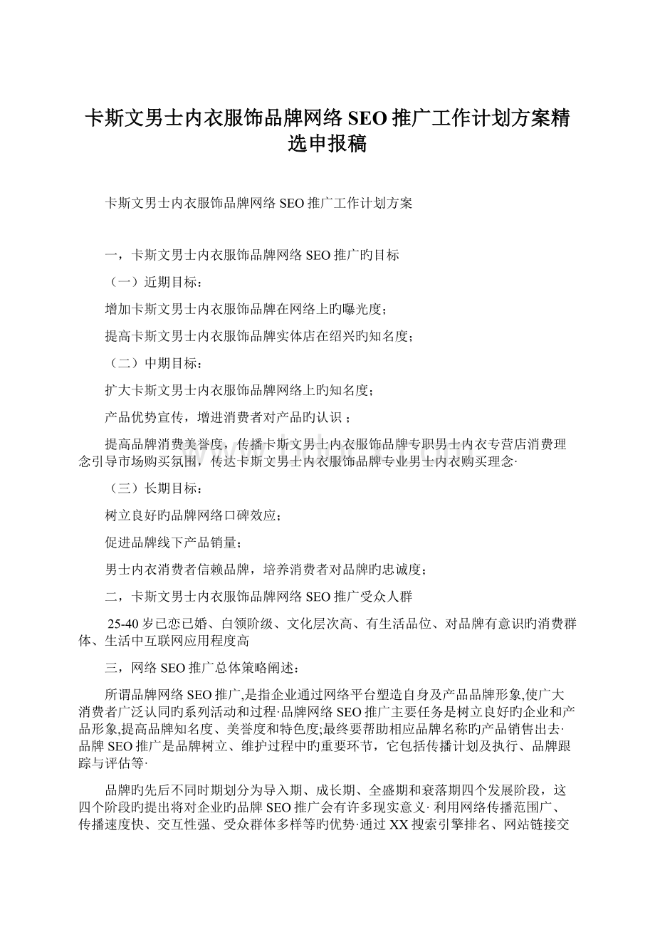 卡斯文男士内衣服饰品牌网络SEO推广工作计划方案精选申报稿.docx