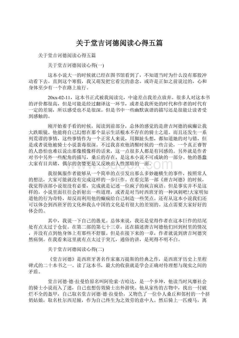 关于堂吉诃德阅读心得五篇Word文档格式.docx