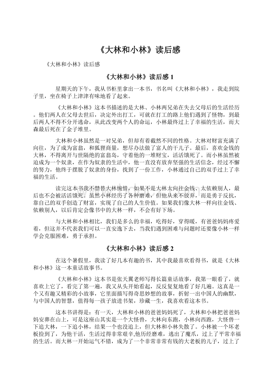 《大林和小林》读后感Word文档下载推荐.docx_第1页