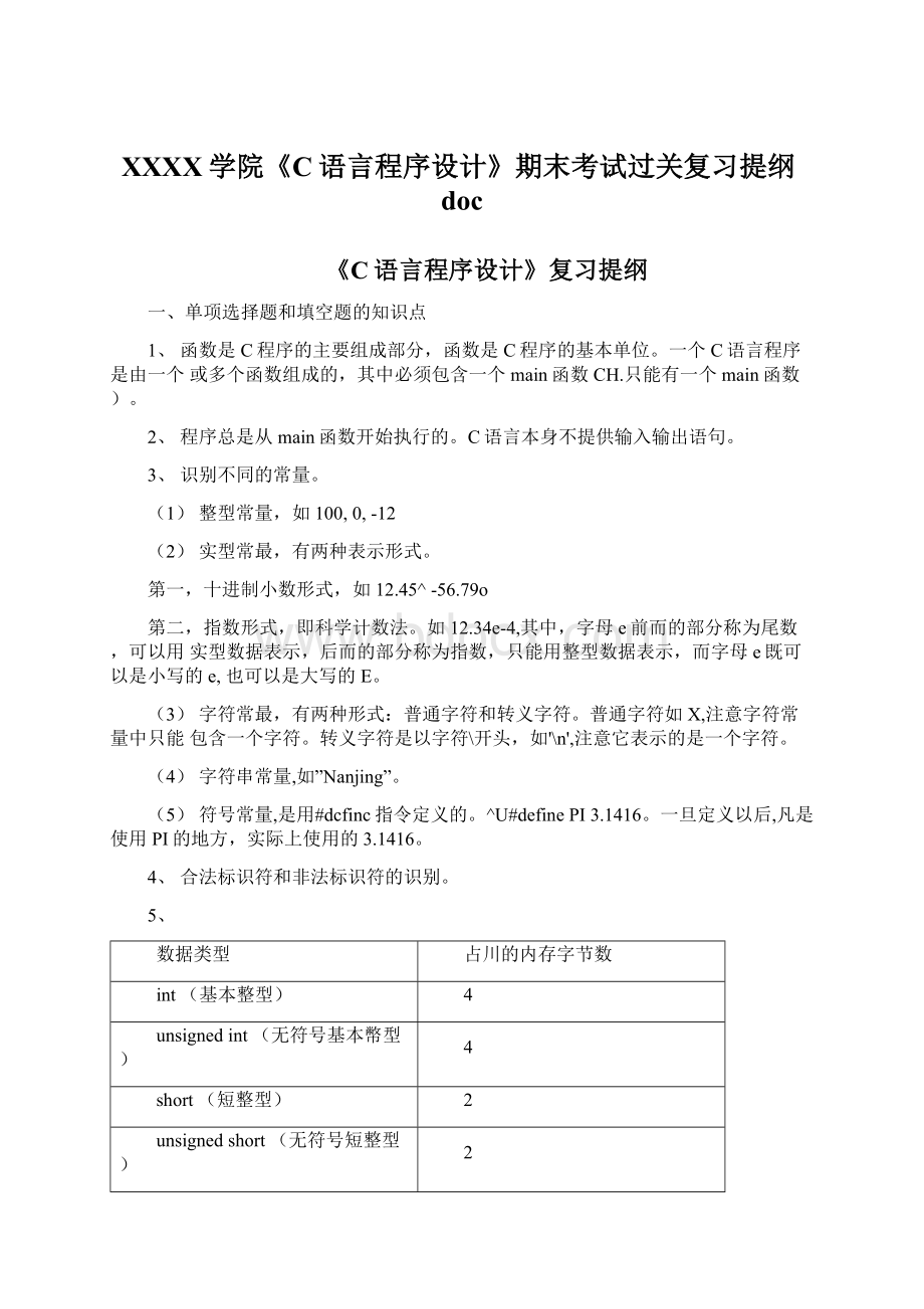 XXXX学院《C语言程序设计》期末考试过关复习提纲doc文档格式.docx