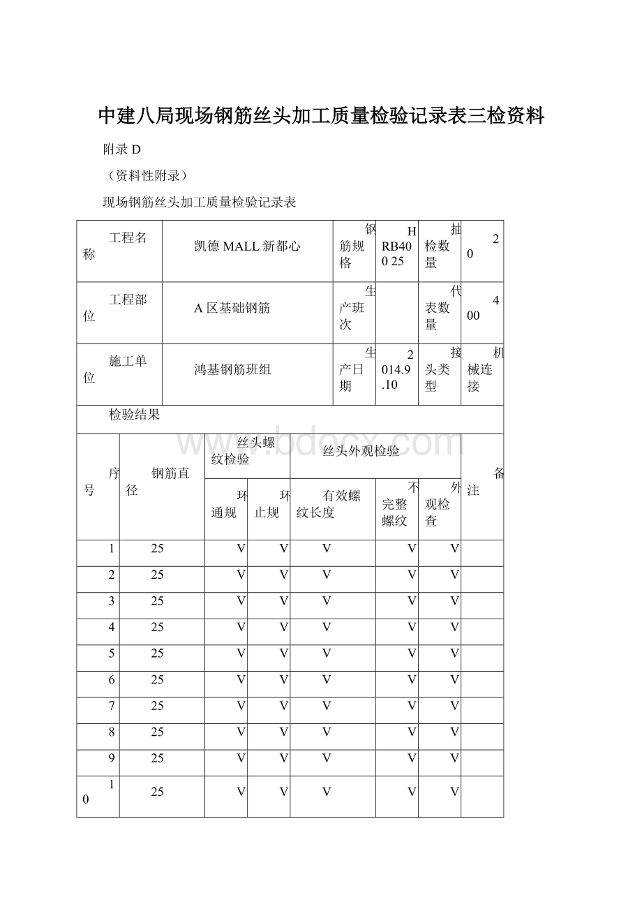 中建八局现场钢筋丝头加工质量检验记录表三检资料Word文件下载.docx