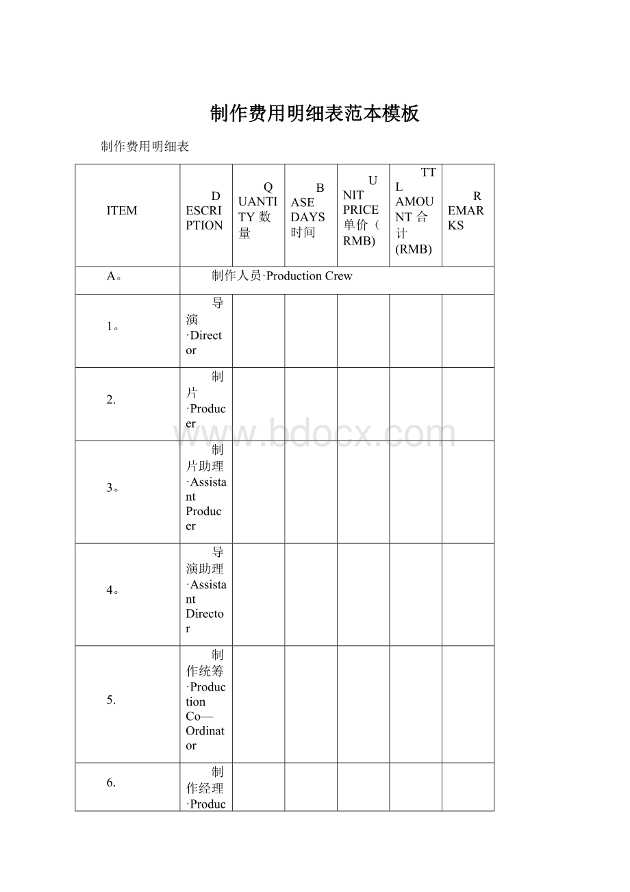 制作费用明细表范本模板文档格式.docx