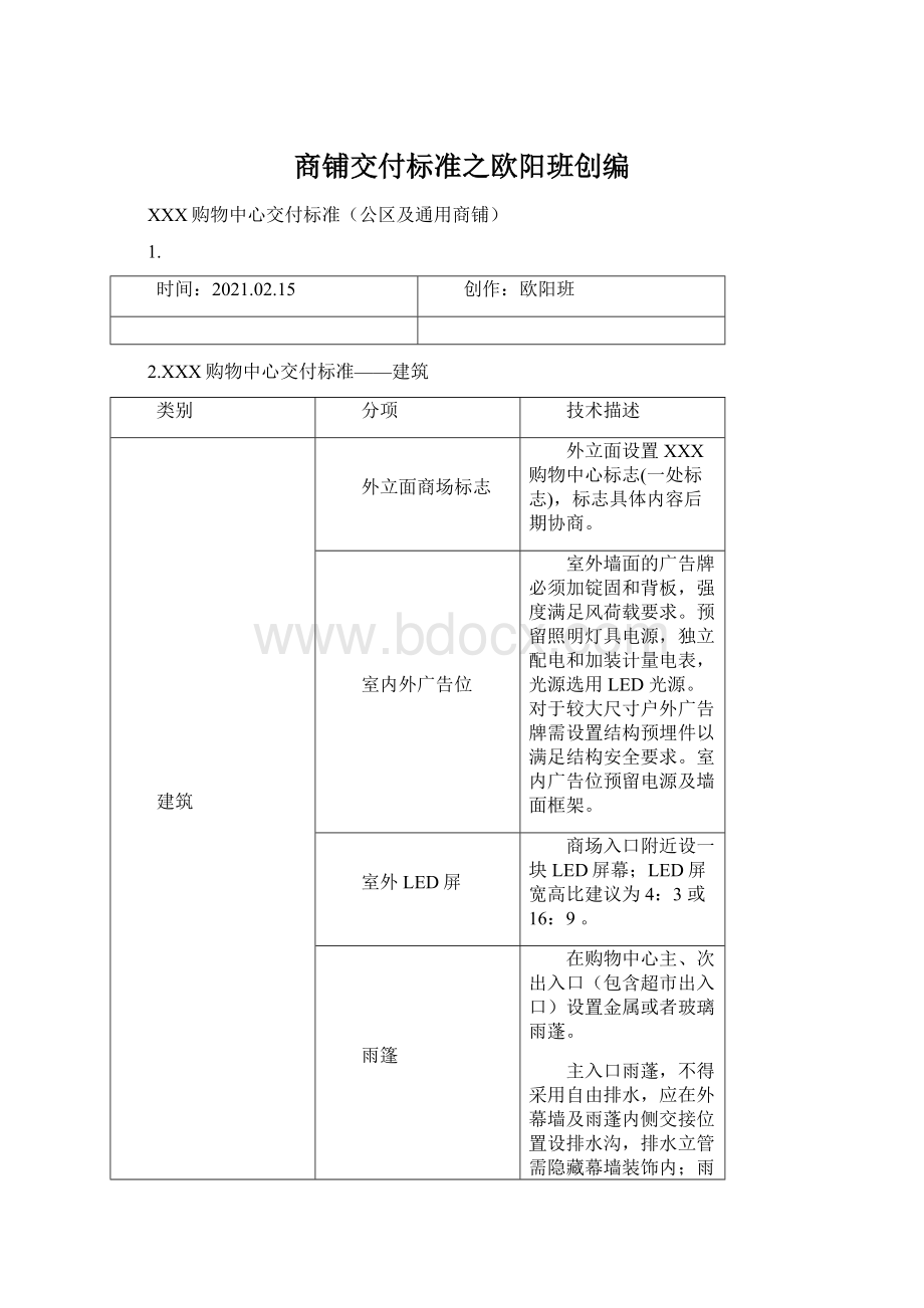 商铺交付标准之欧阳班创编Word文档下载推荐.docx_第1页