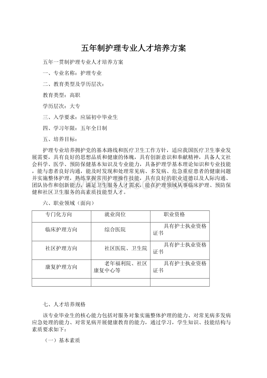 五年制护理专业人才培养方案Word文件下载.docx