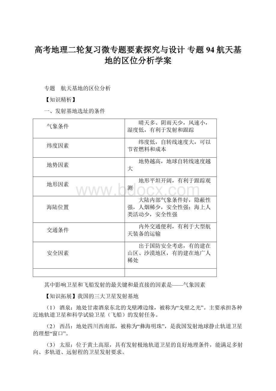 高考地理二轮复习微专题要素探究与设计 专题94 航天基地的区位分析学案Word文档格式.docx