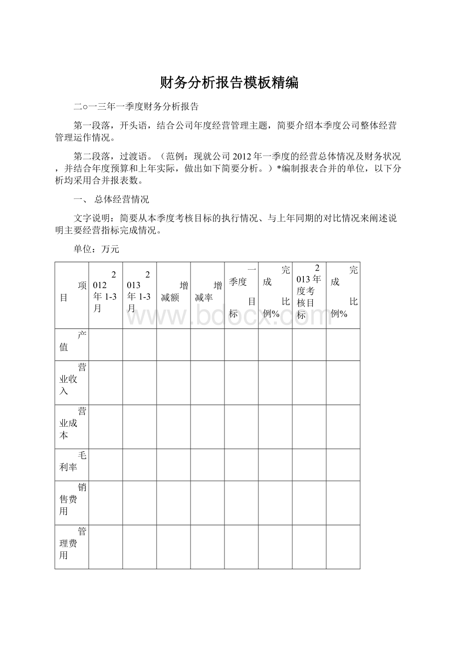 财务分析报告模板精编Word文件下载.docx