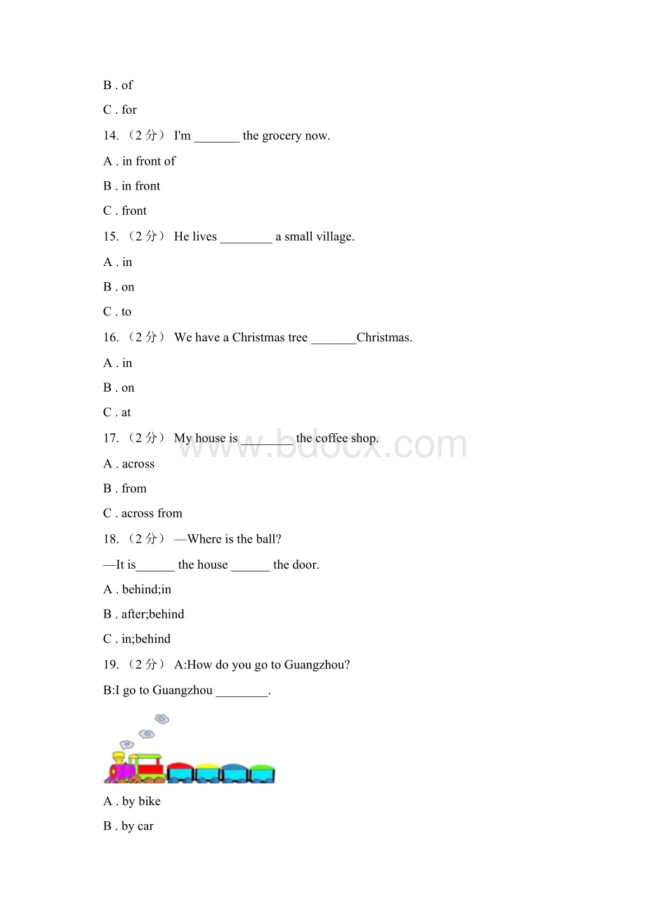 吉林省四平市版小升初英语专题复习语法专练介词A卷Word文档下载推荐.docx_第3页