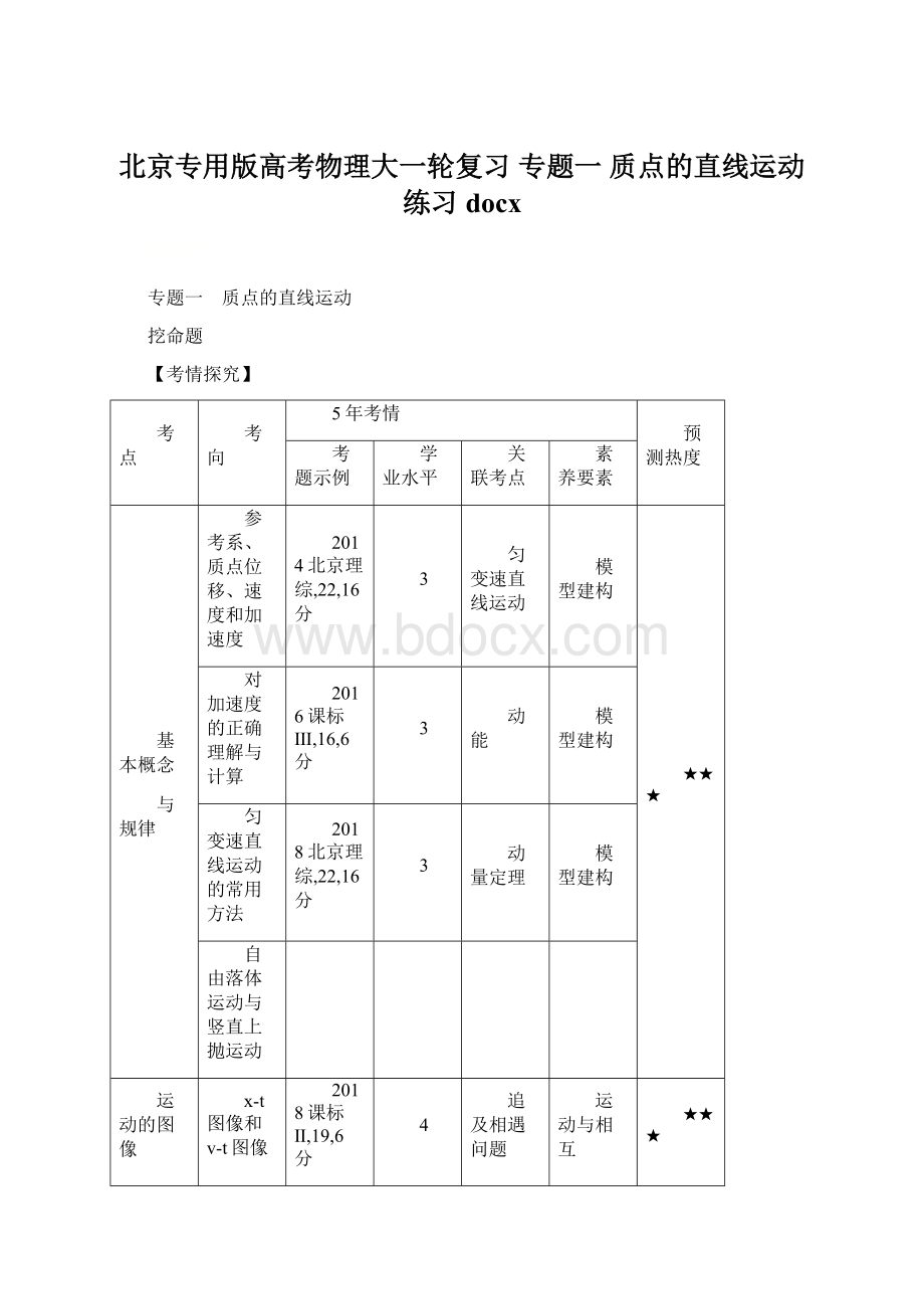 北京专用版高考物理大一轮复习 专题一 质点的直线运动练习docxWord文件下载.docx_第1页