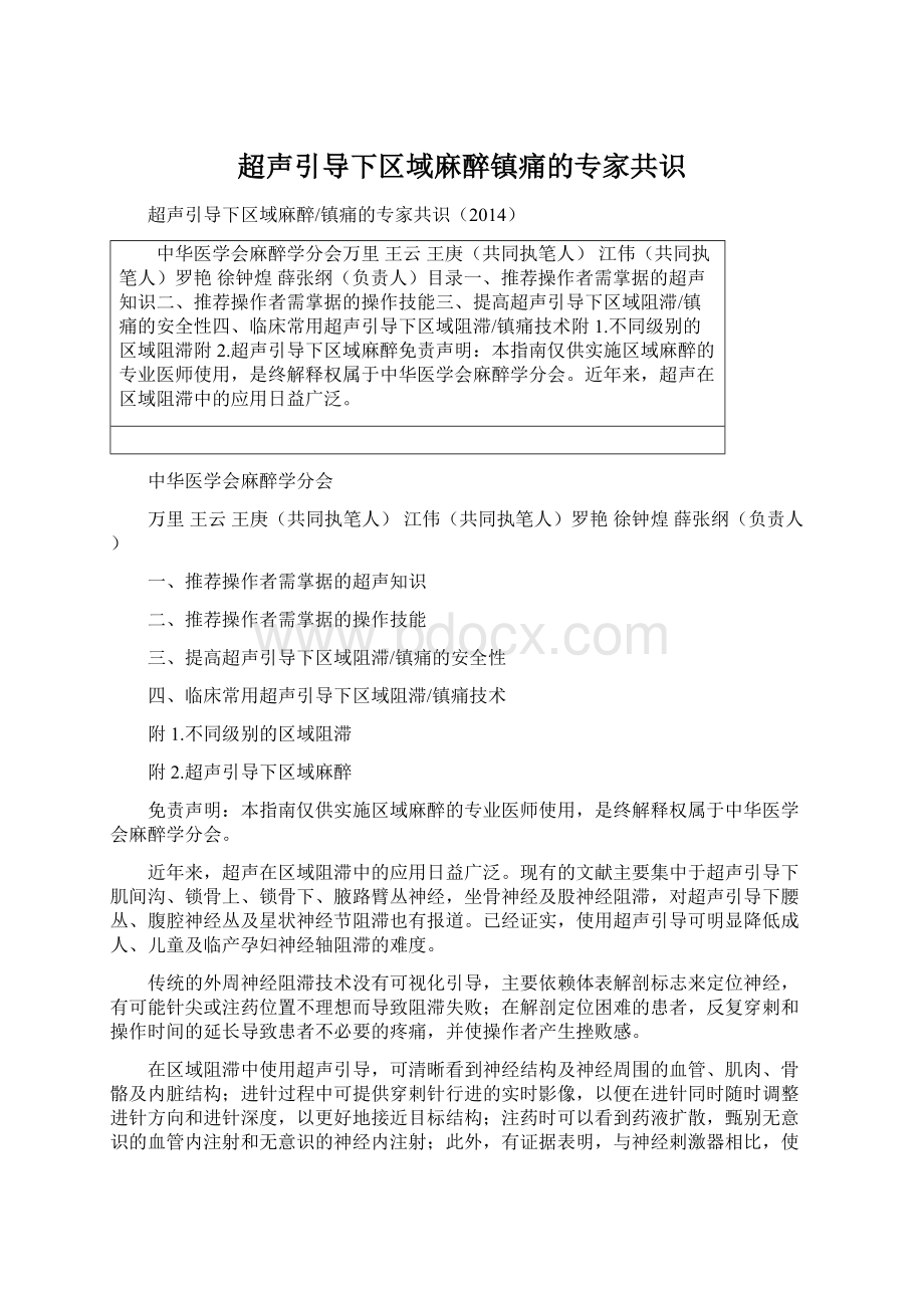 超声引导下区域麻醉镇痛的专家共识Word文件下载.docx