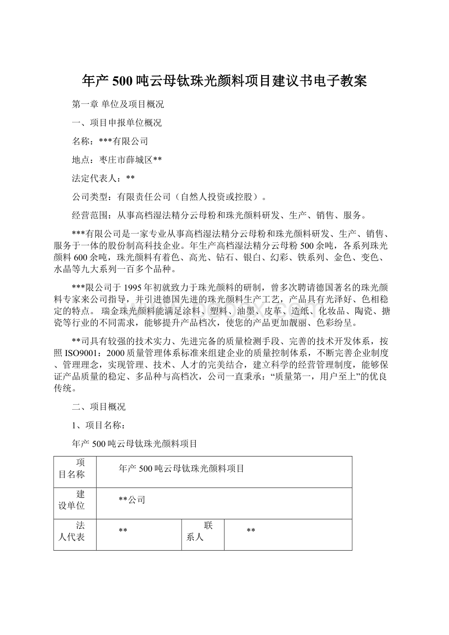 年产500吨云母钛珠光颜料项目建议书电子教案.docx_第1页