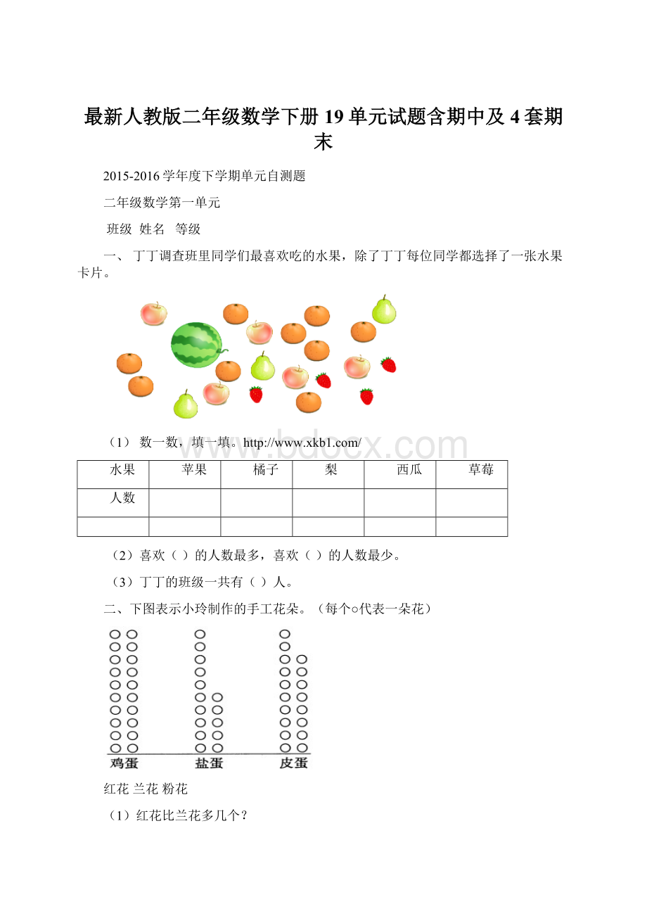 最新人教版二年级数学下册19单元试题含期中及4套期末.docx_第1页