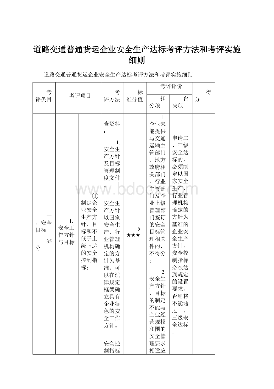 道路交通普通货运企业安全生产达标考评方法和考评实施细则Word文档格式.docx