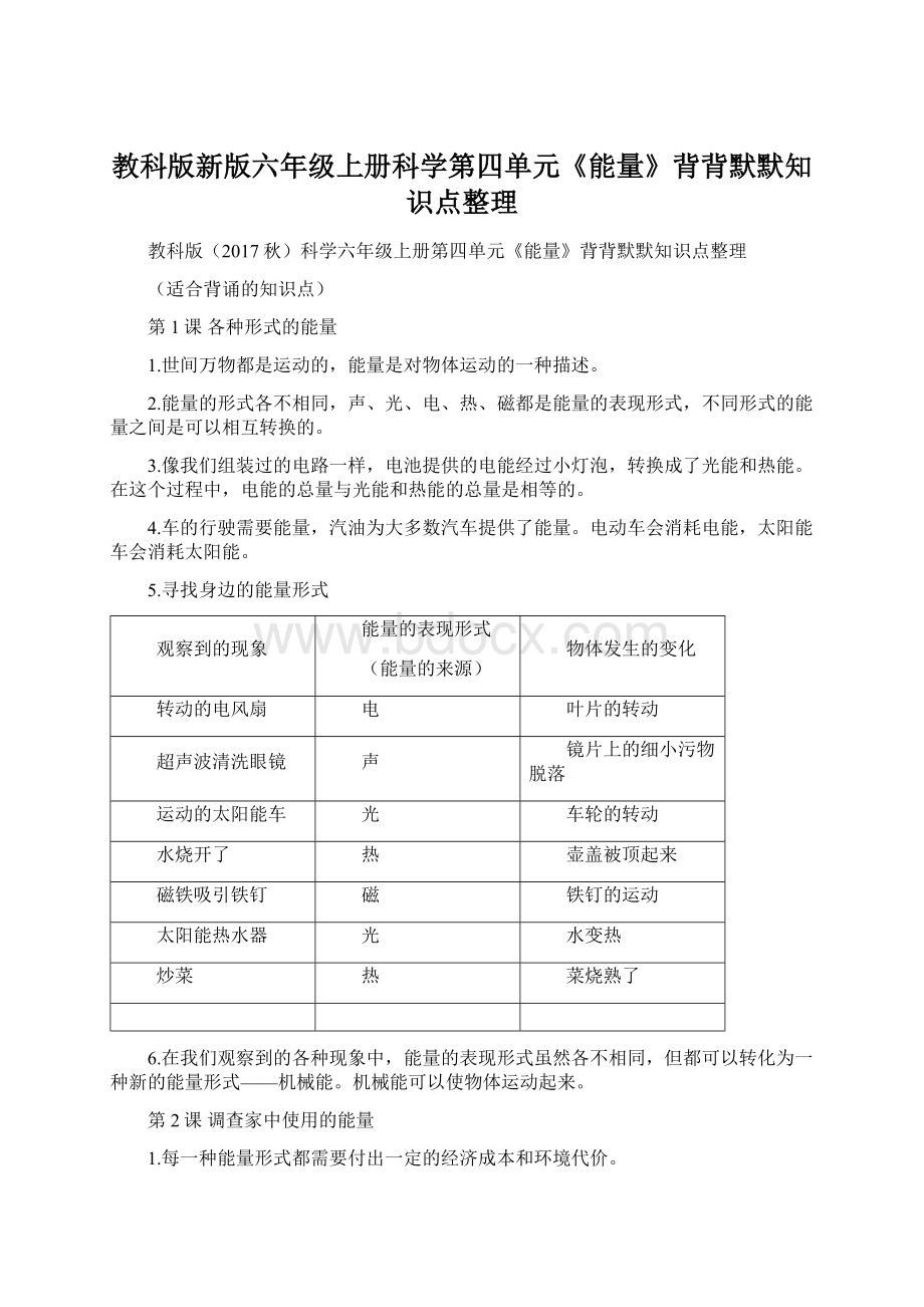 教科版新版六年级上册科学第四单元《能量》背背默默知识点整理.docx