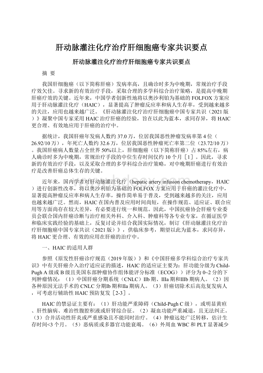 肝动脉灌注化疗治疗肝细胞癌专家共识要点.docx_第1页