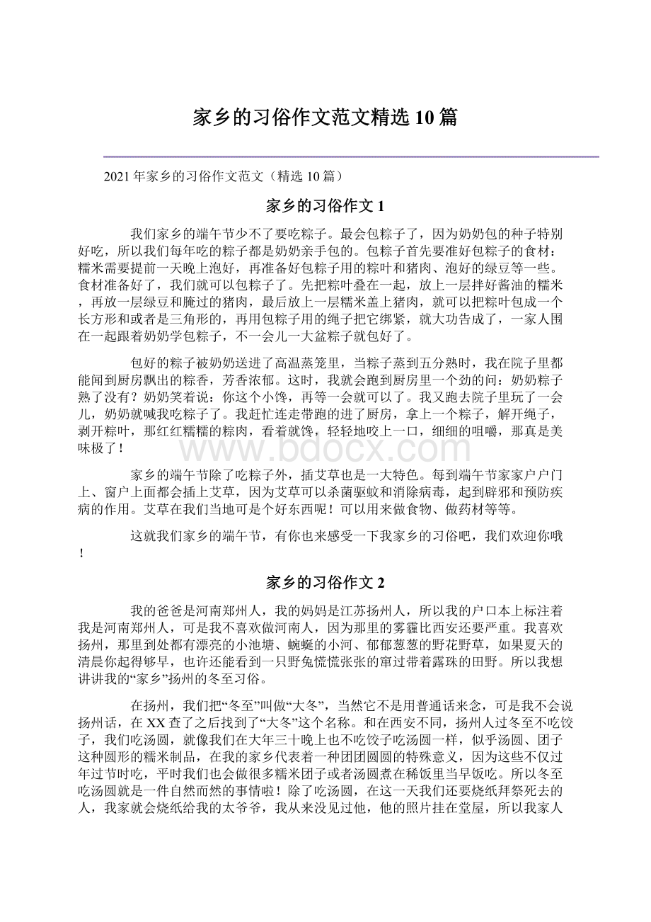 家乡的习俗作文范文精选10篇文档格式.docx