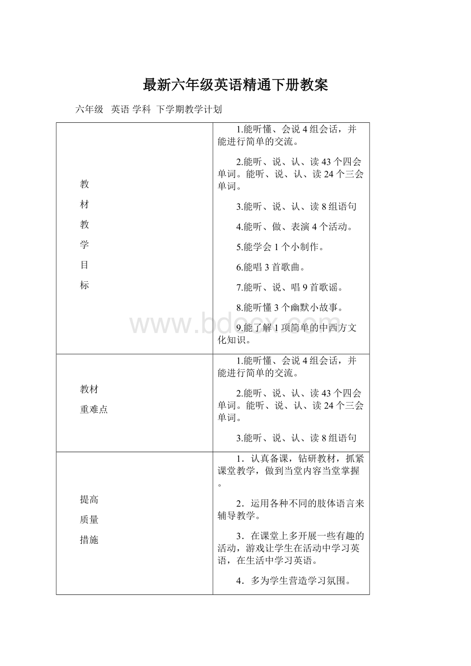 最新六年级英语精通下册教案Word下载.docx_第1页