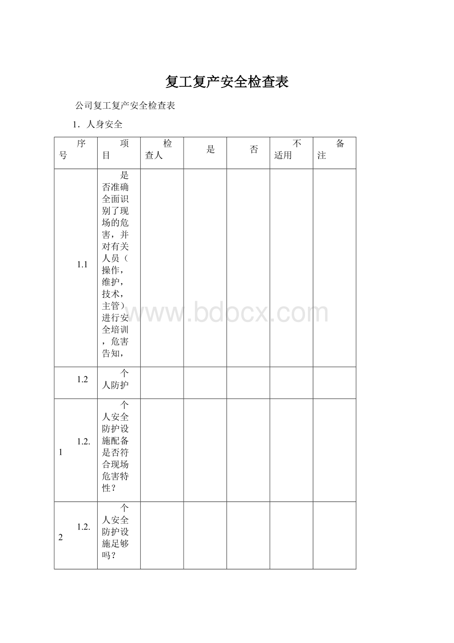 复工复产安全检查表.docx