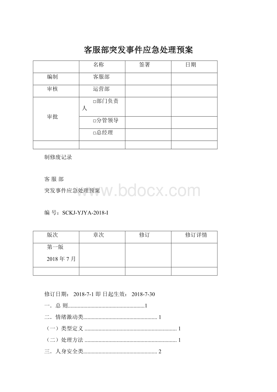 客服部突发事件应急处理预案Word格式.docx