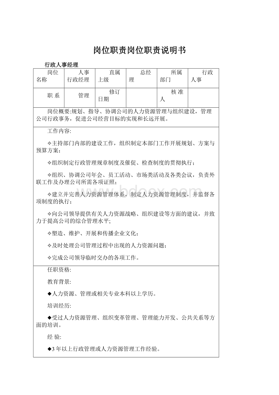 岗位职责岗位职责说明书Word格式文档下载.docx