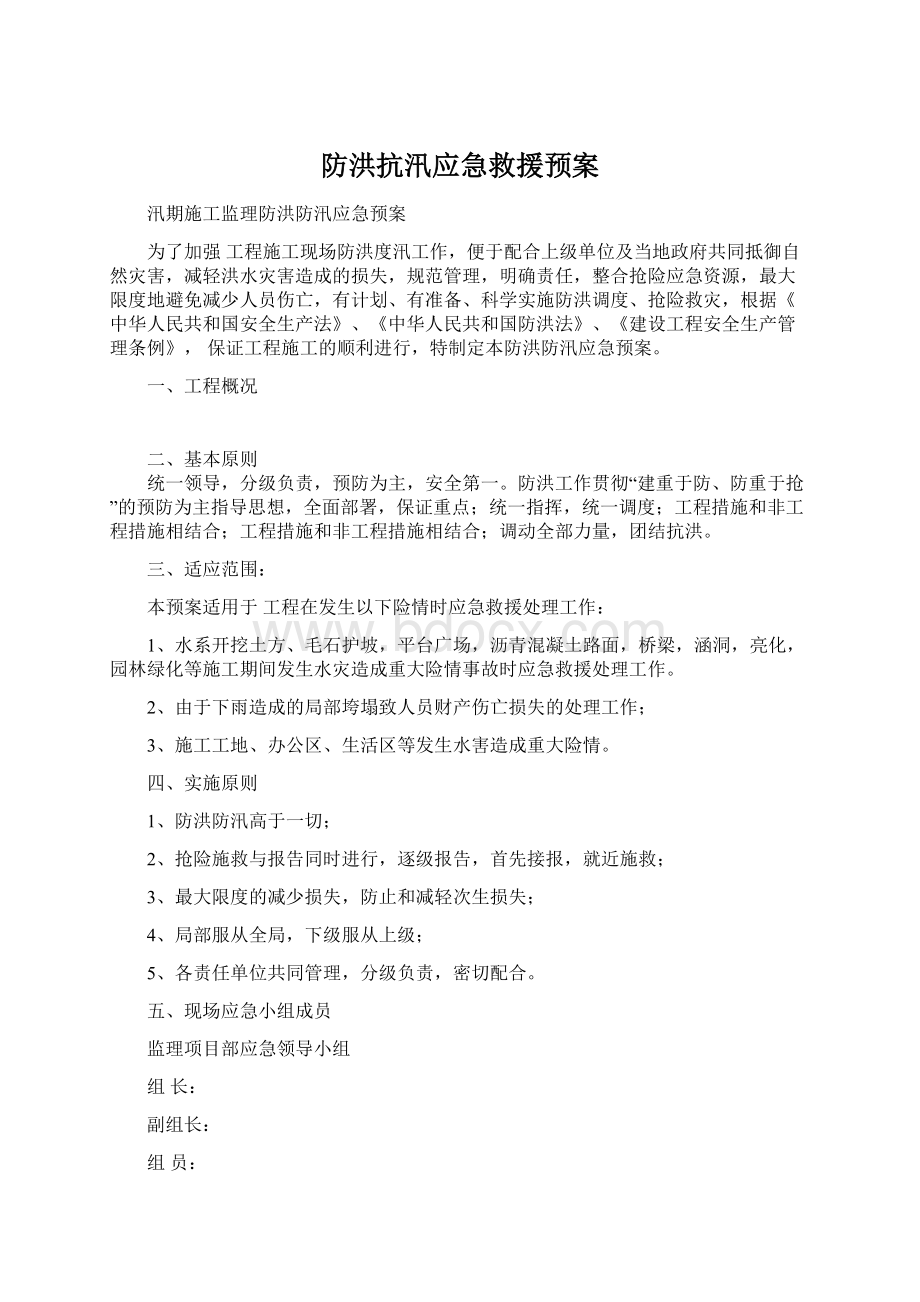 防洪抗汛应急救援预案文档格式.docx