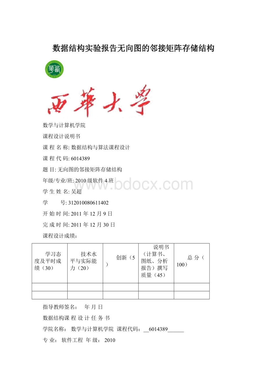 数据结构实验报告无向图的邻接矩阵存储结构Word格式.docx_第1页