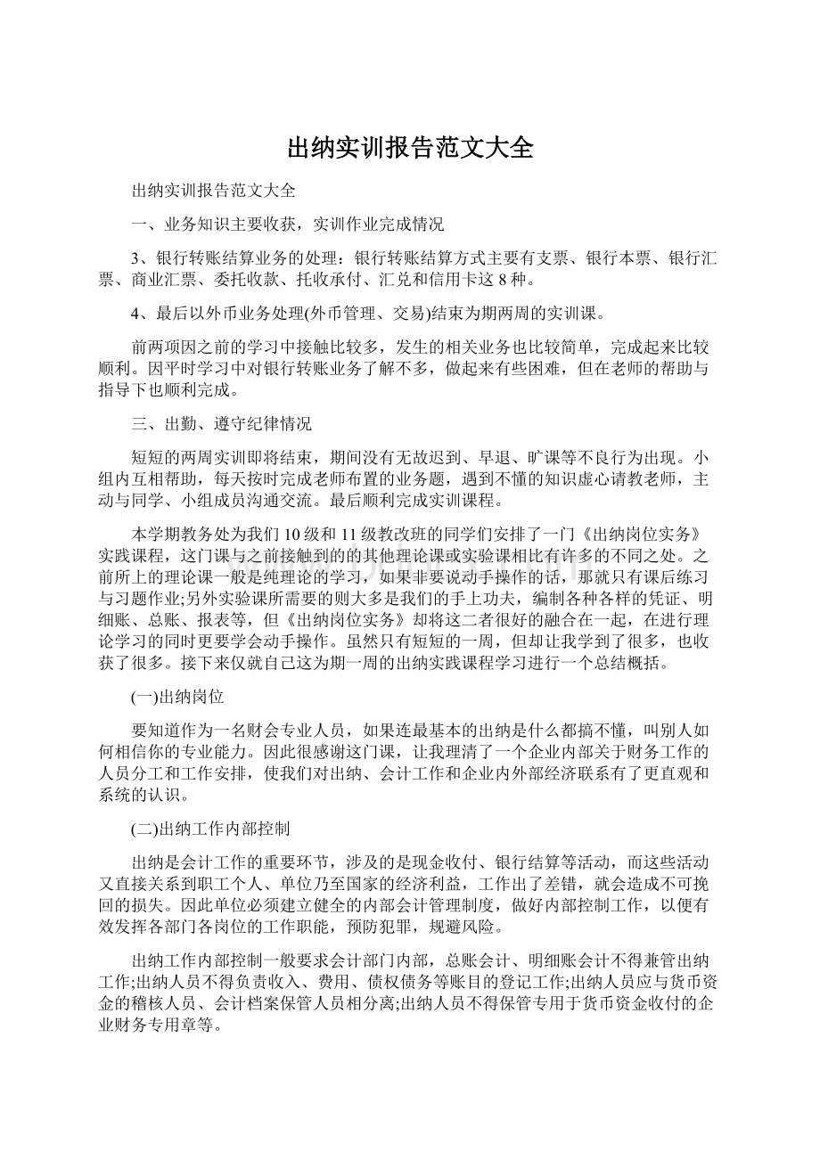 出纳实训报告范文大全.docx