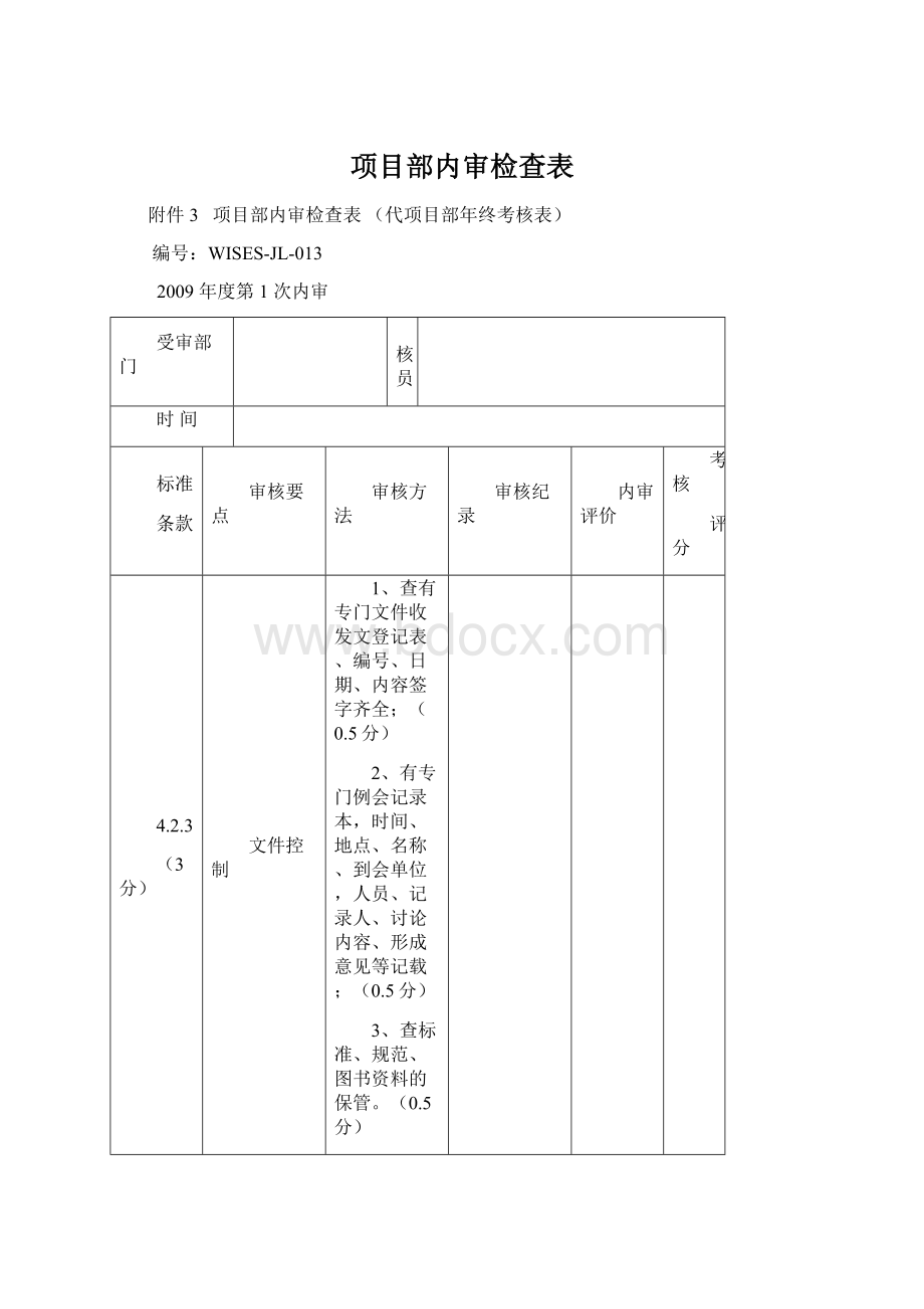 项目部内审检查表Word文档格式.docx_第1页