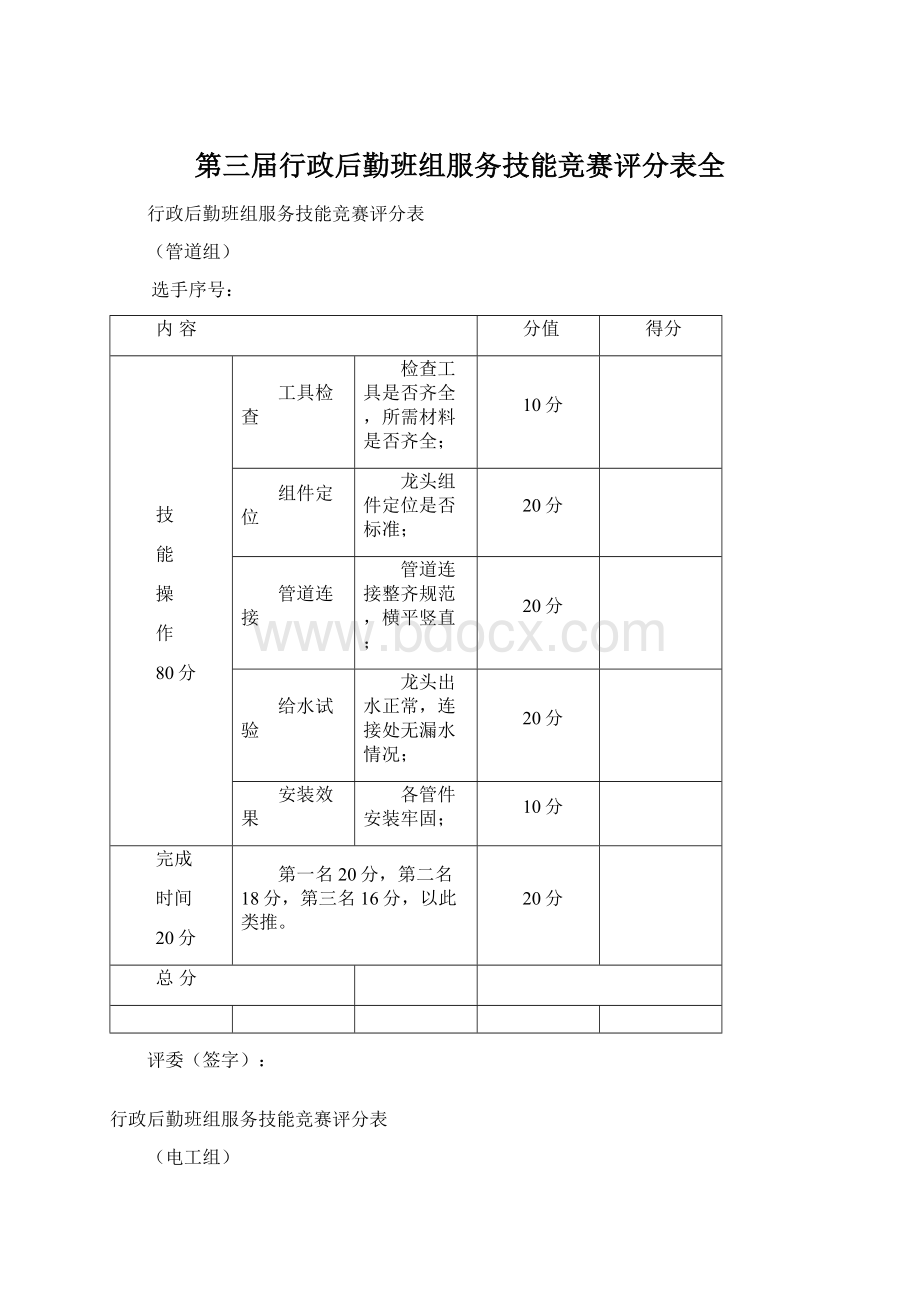 第三届行政后勤班组服务技能竞赛评分表全.docx_第1页