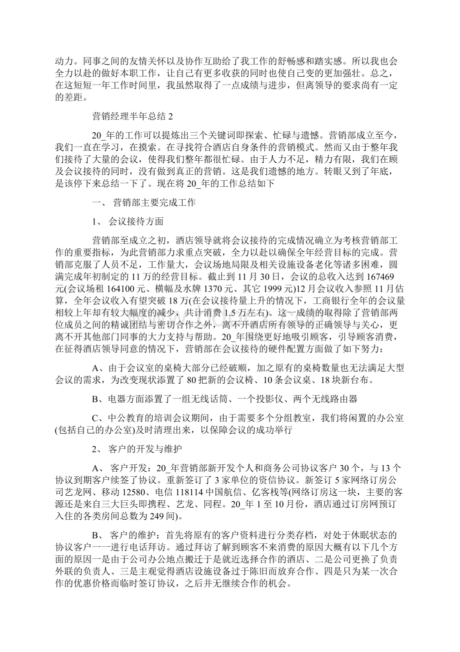 营销经理半年总结工作自我评价Word文档下载推荐.docx_第2页