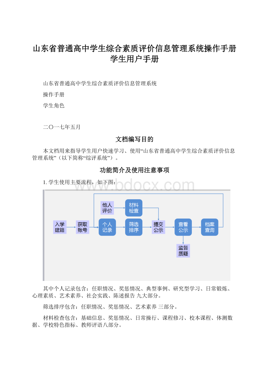 山东省普通高中学生综合素质评价信息管理系统操作手册学生用户手册Word格式文档下载.docx