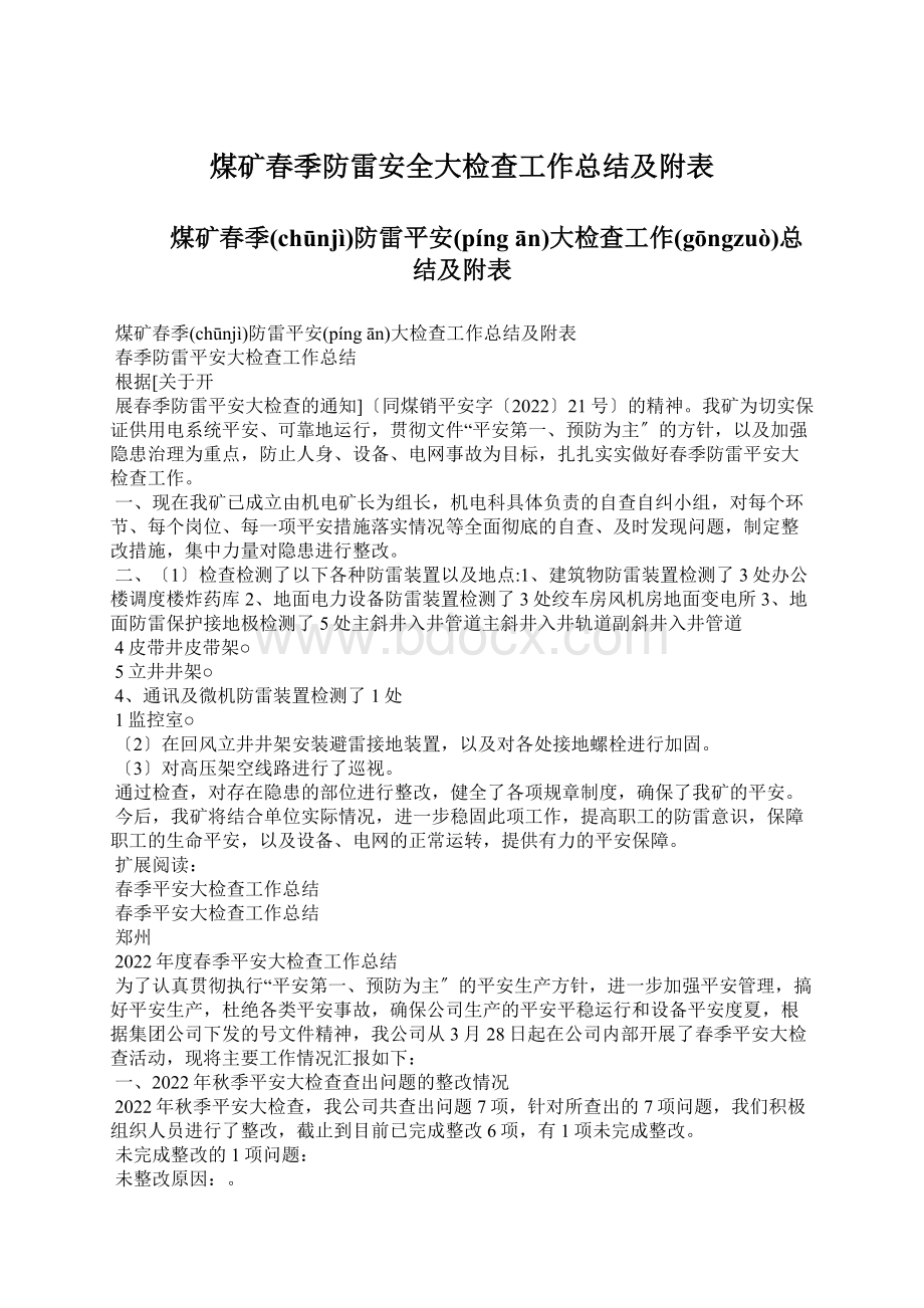 煤矿春季防雷安全大检查工作总结及附表.docx