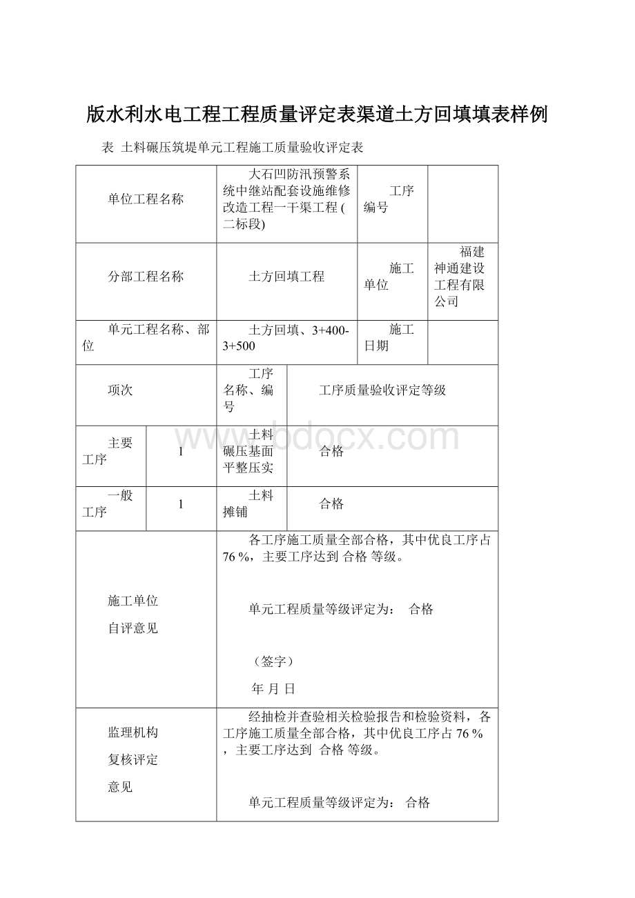 版水利水电工程工程质量评定表渠道土方回填填表样例.docx