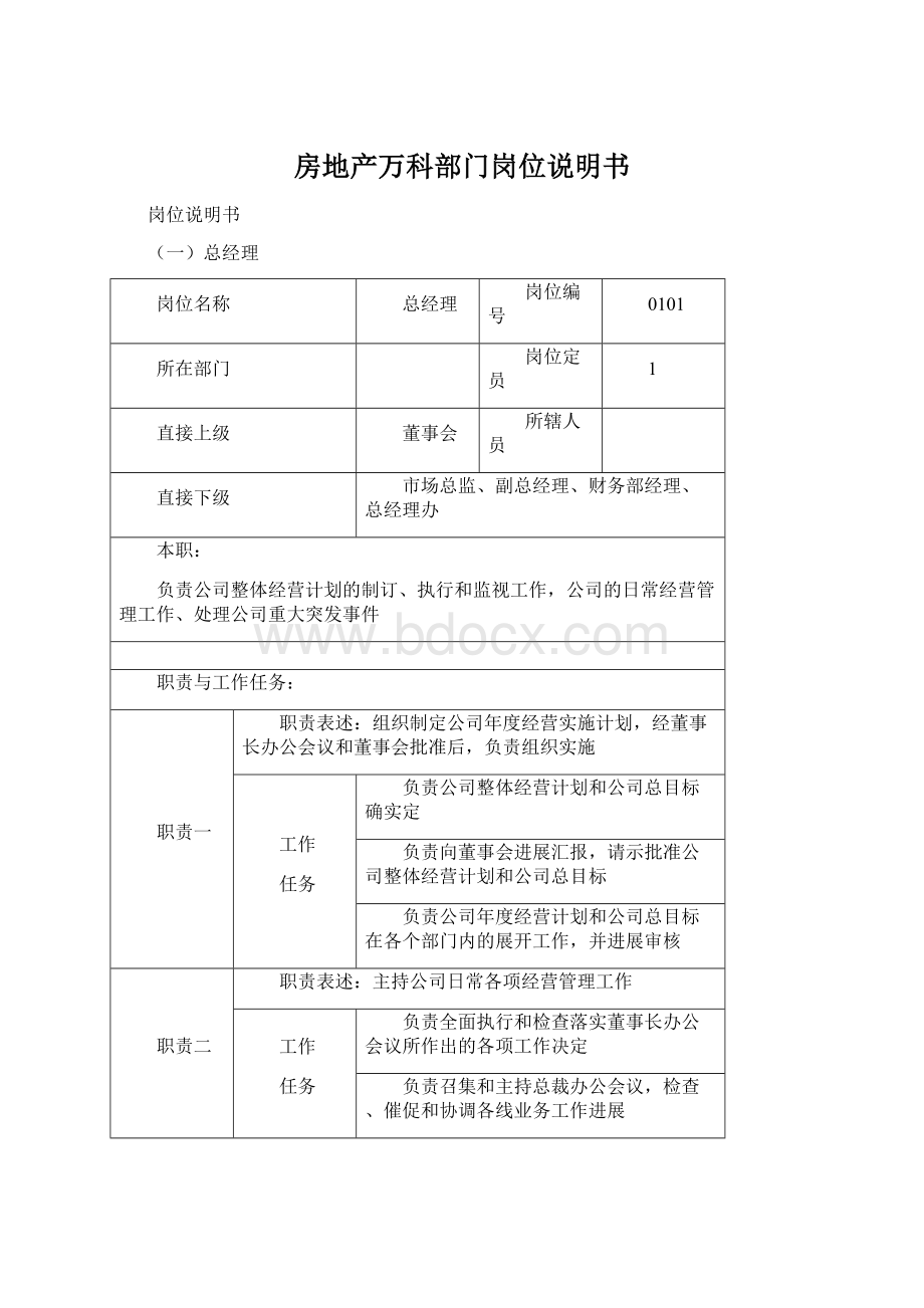 房地产万科部门岗位说明书Word格式文档下载.docx