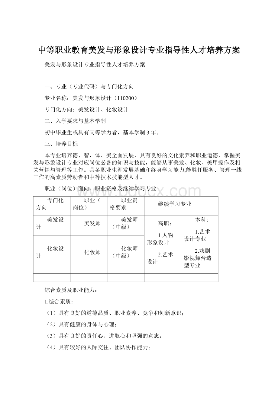 中等职业教育美发与形象设计专业指导性人才培养方案.docx_第1页