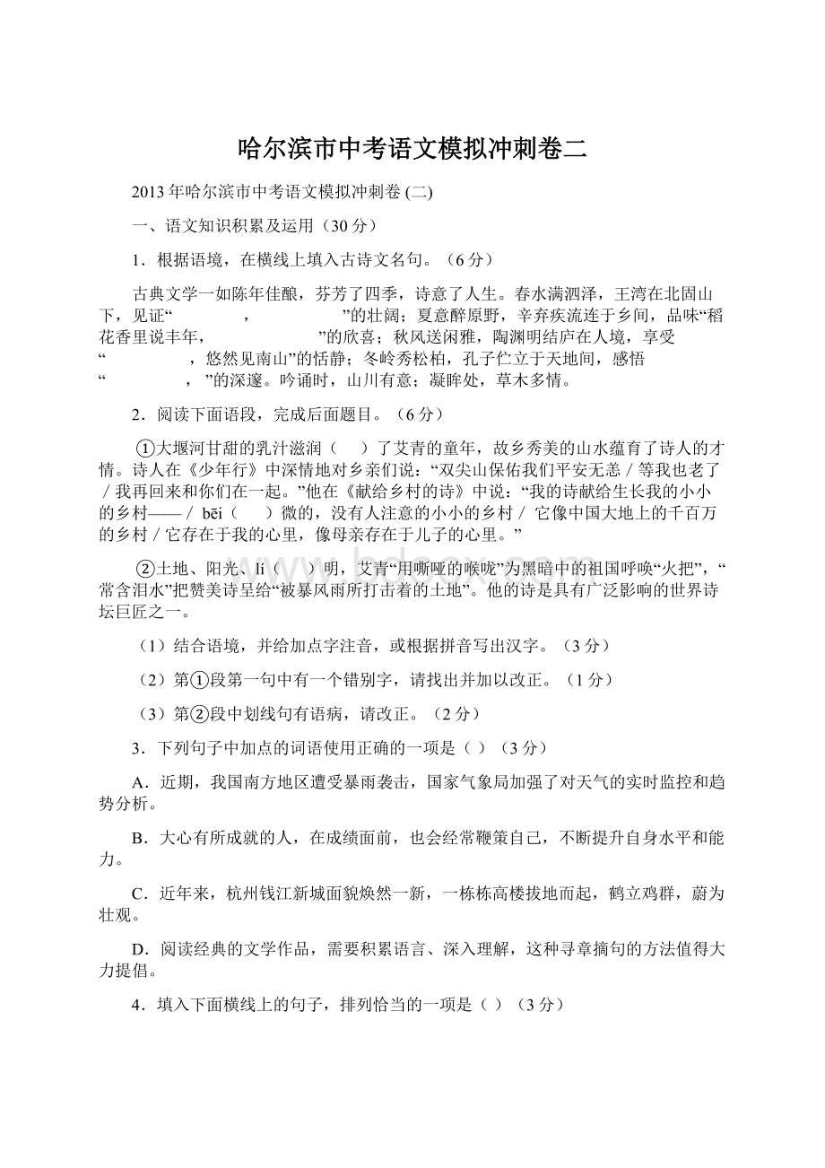 哈尔滨市中考语文模拟冲刺卷二.docx