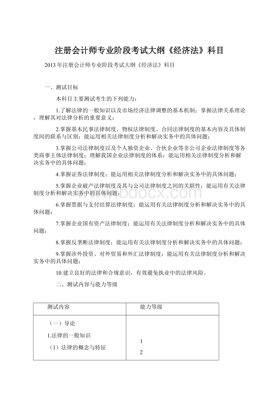 注册会计师专业阶段考试大纲《经济法》科目Word文档下载推荐.docx_第1页