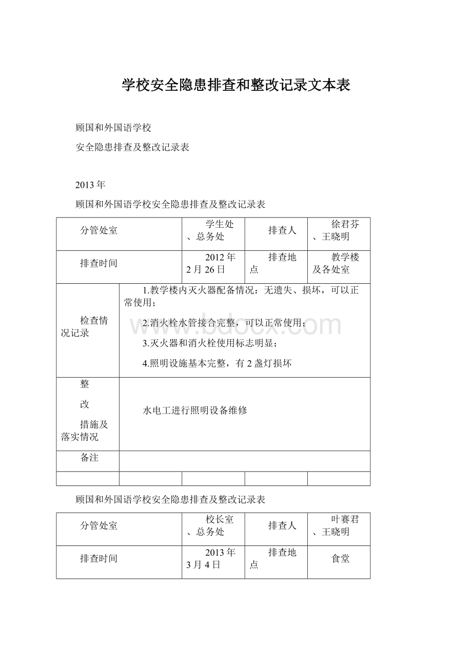 学校安全隐患排查和整改记录文本表Word文件下载.docx