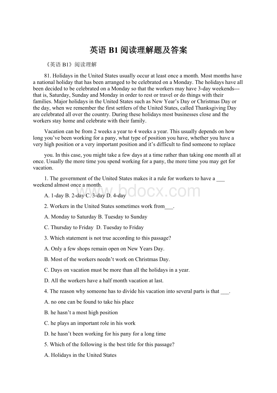 英语B1阅读理解题及答案.docx_第1页