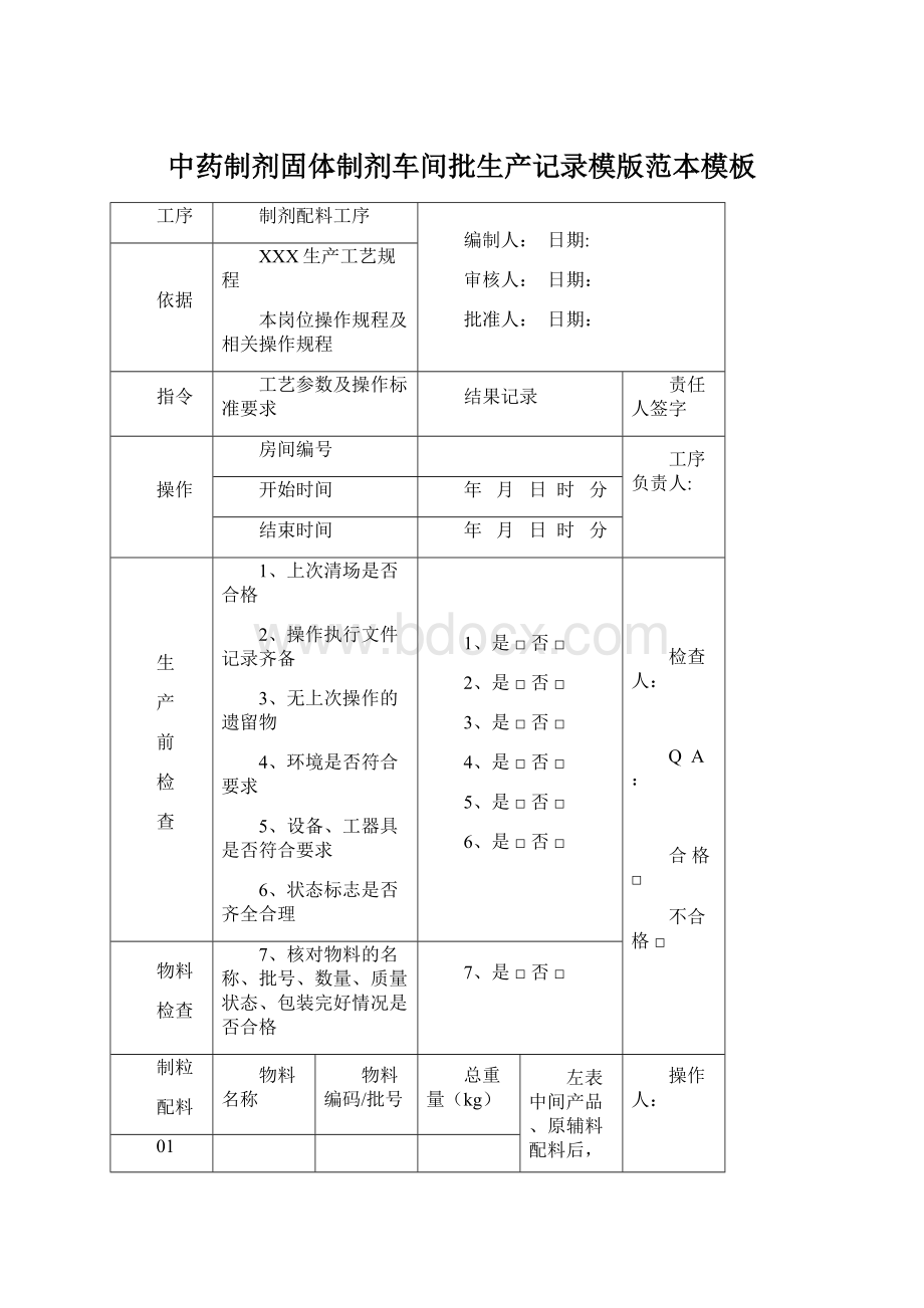 中药制剂固体制剂车间批生产记录模版范本模板Word文件下载.docx