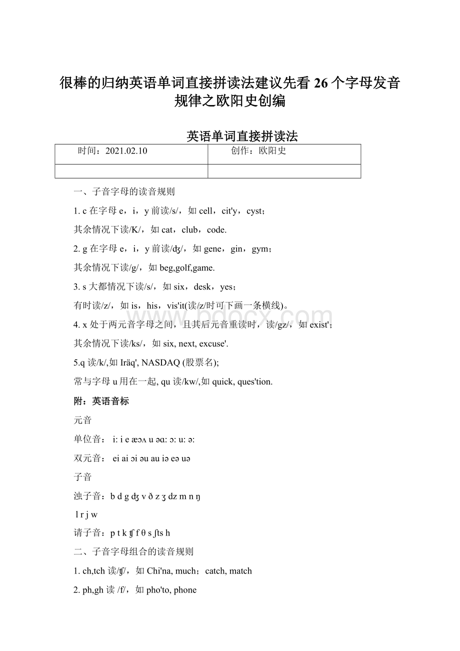 很棒的归纳英语单词直接拼读法建议先看26个字母发音规律之欧阳史创编.docx_第1页