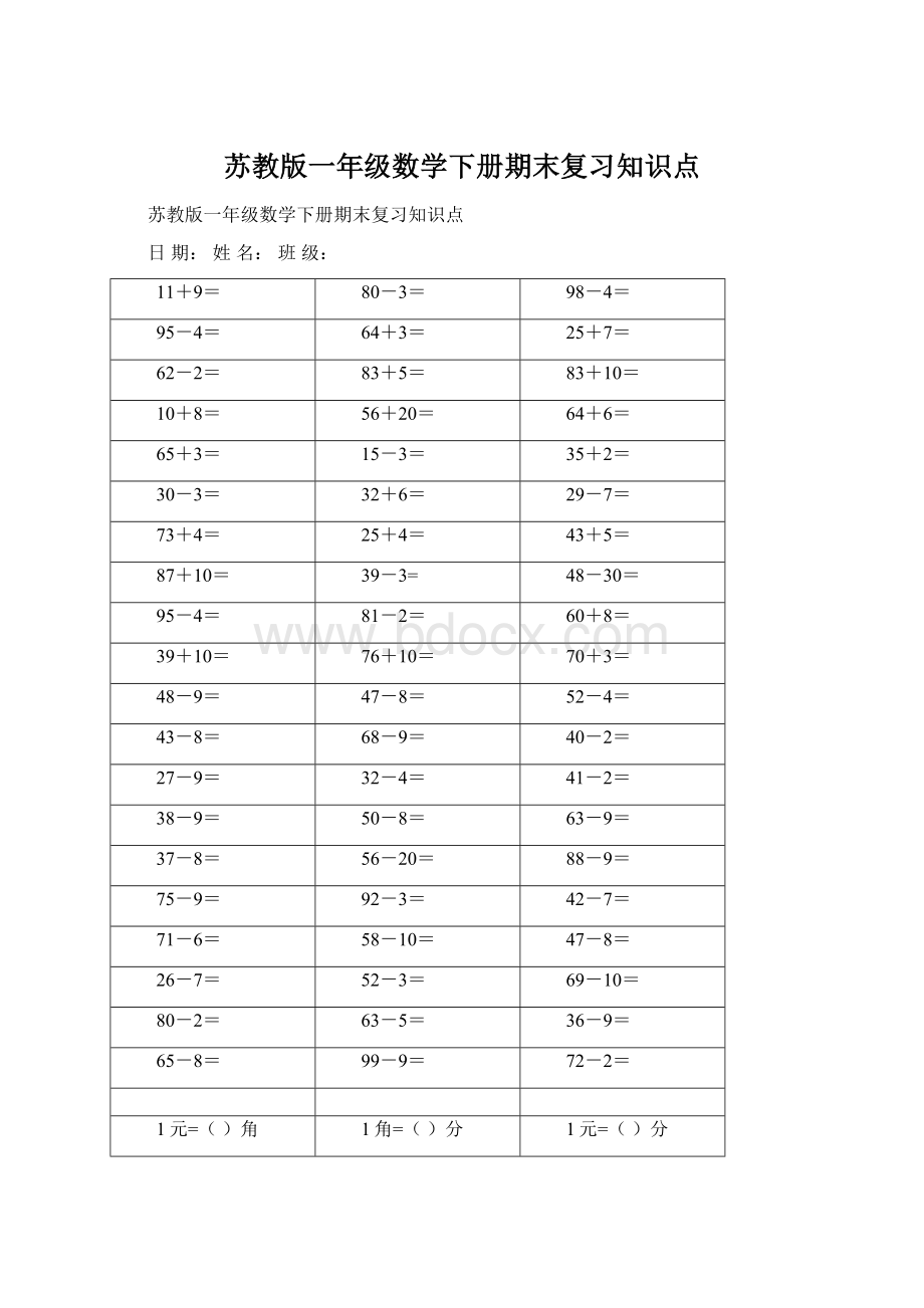 苏教版一年级数学下册期末复习知识点.docx_第1页