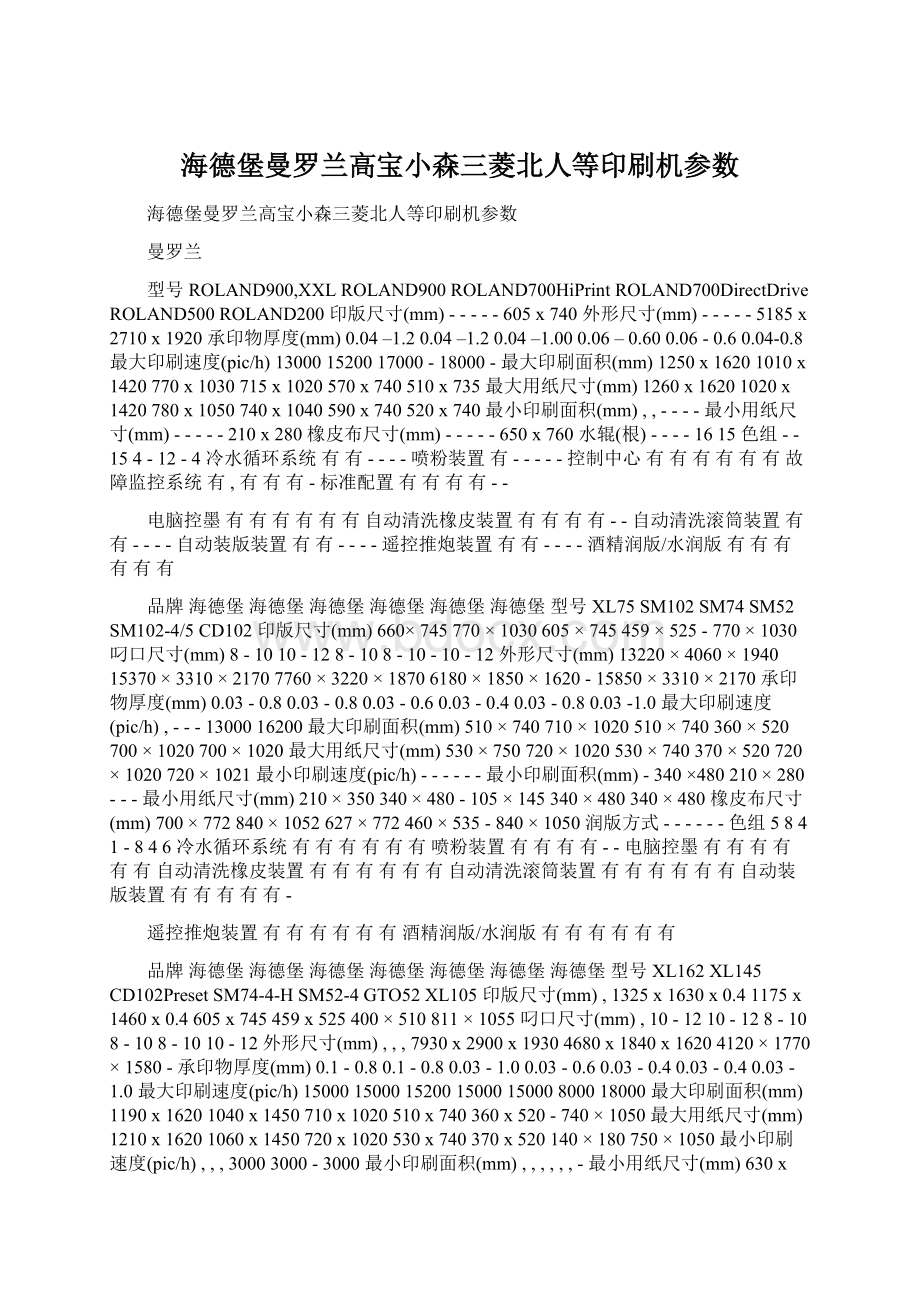 海德堡曼罗兰高宝小森三菱北人等印刷机参数.docx_第1页