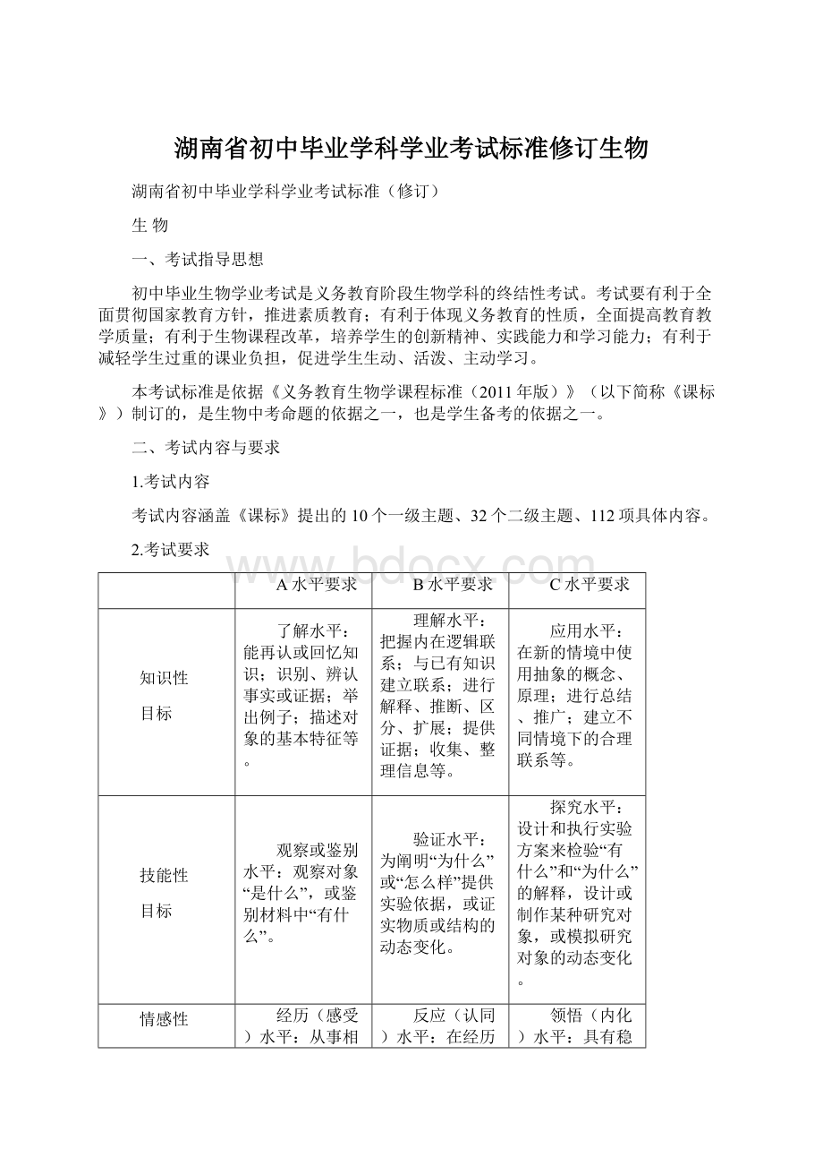 湖南省初中毕业学科学业考试标准修订生物.docx_第1页