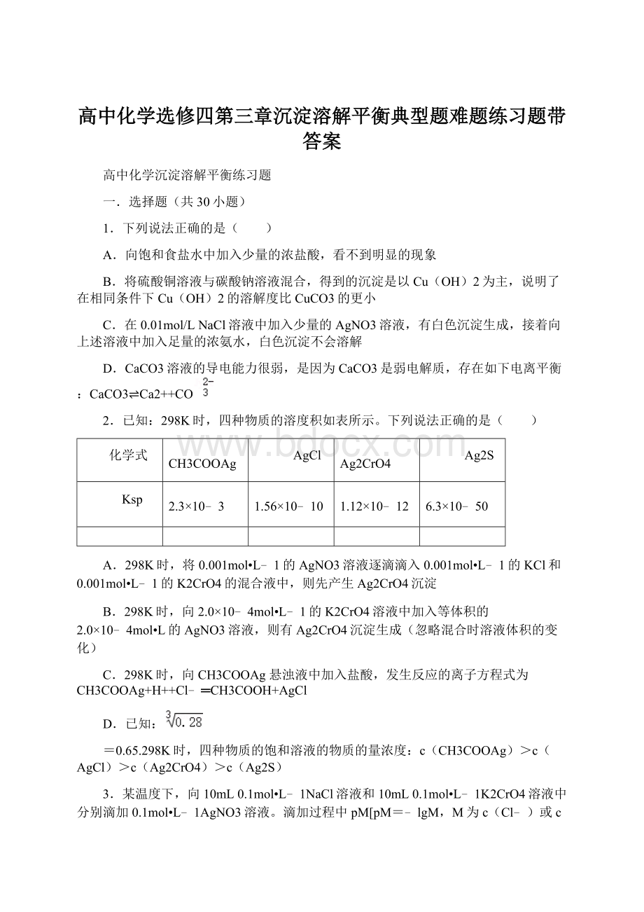 高中化学选修四第三章沉淀溶解平衡典型题难题练习题带答案Word文件下载.docx