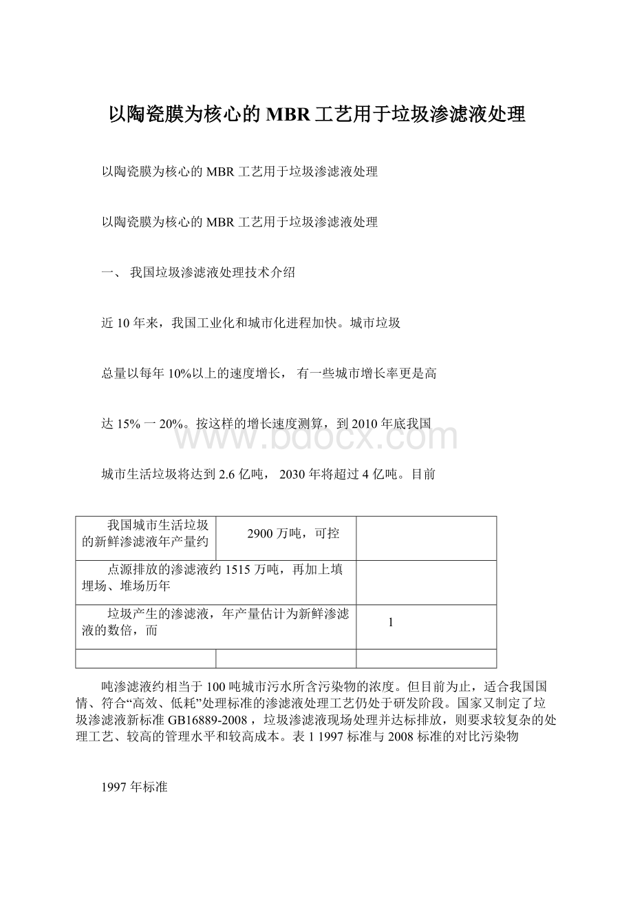 以陶瓷膜为核心的MBR工艺用于垃圾渗滤液处理Word格式.docx