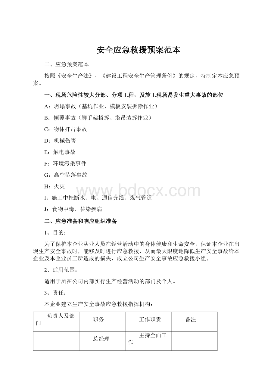 安全应急救援预案范本Word格式.docx