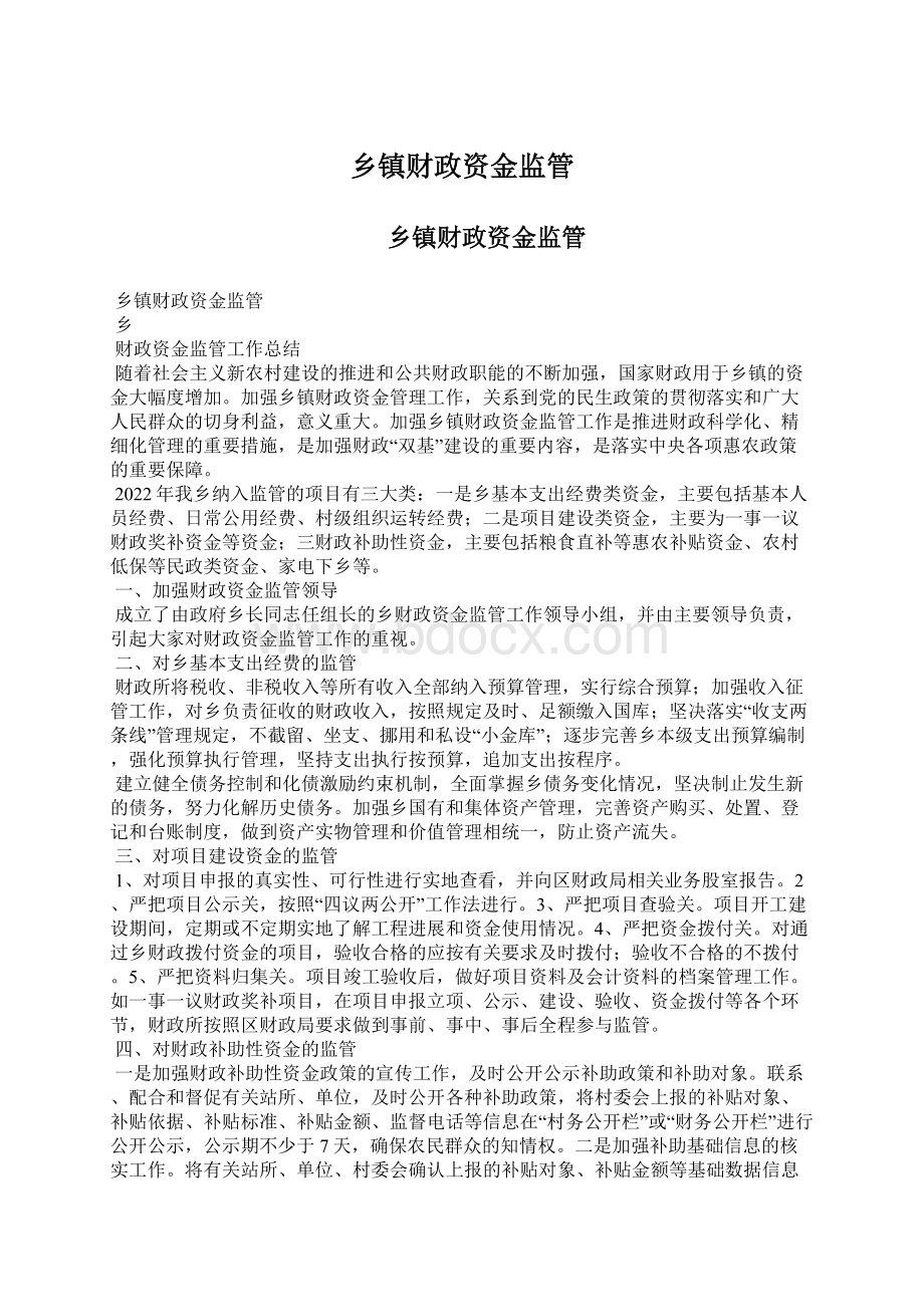 乡镇财政资金监管Word文档下载推荐.docx