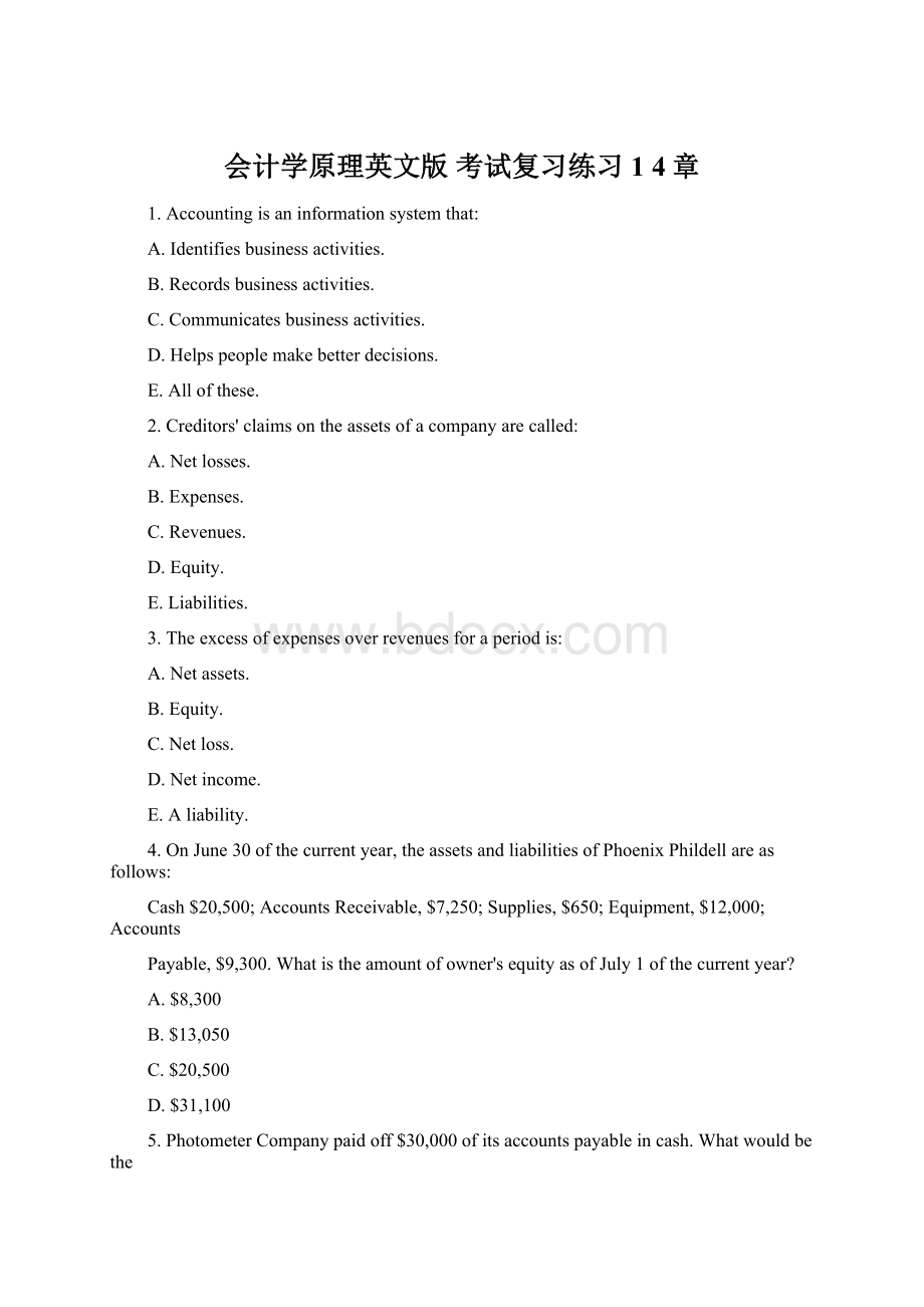 会计学原理英文版 考试复习练习1 4章.docx