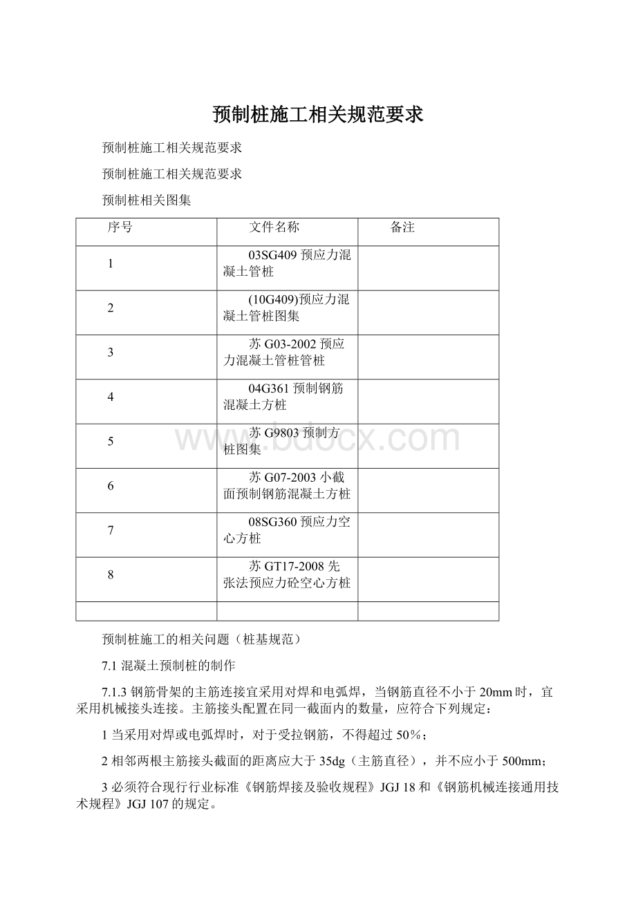 预制桩施工相关规范要求Word格式文档下载.docx