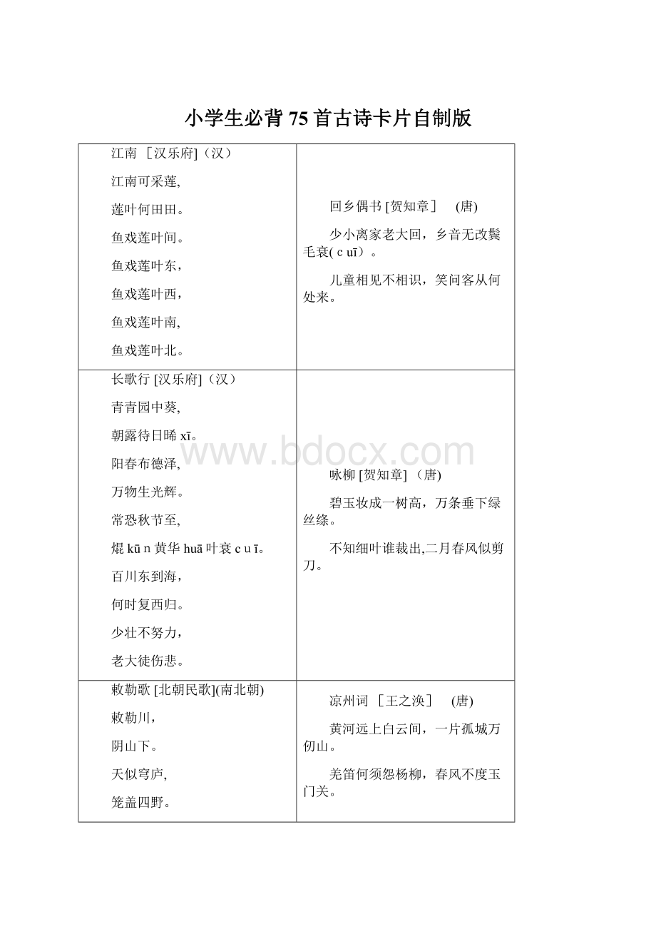 小学生必背75首古诗卡片自制版Word文件下载.docx_第1页